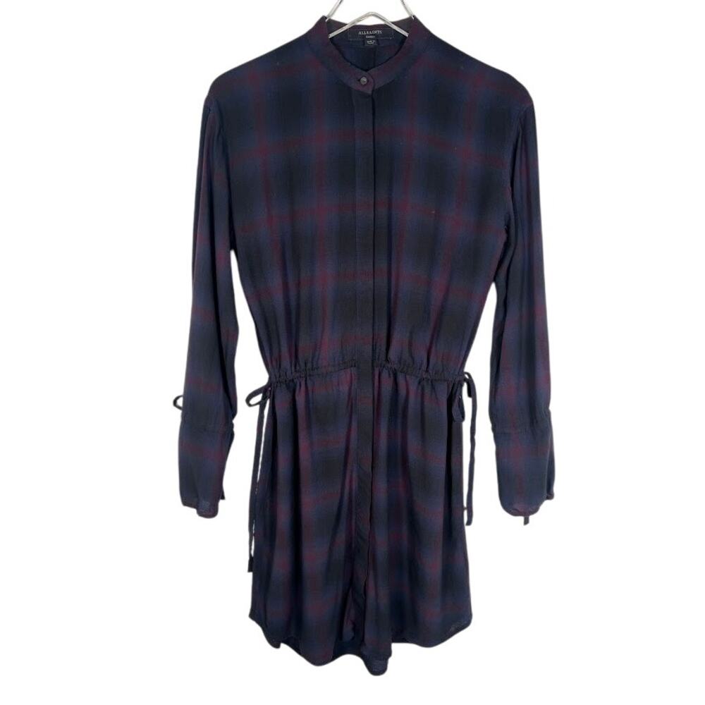 All Saints Women's Plaid Florence Shirt Dress S Black Drawstring Long Sleeve